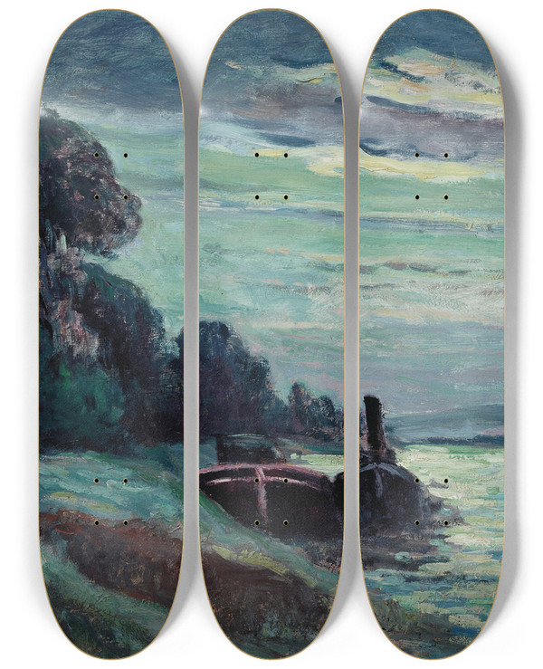 Triptych art skateboard deck of Maximilien Luce Pniches Sur La Seine by Maximilien Luce (1858-1941)
