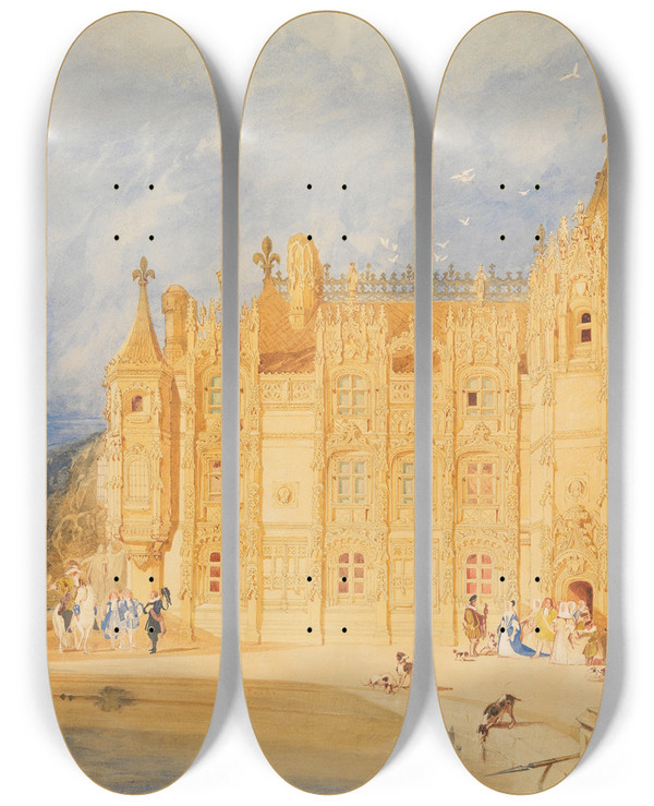 Triptych art skateboard deck of John Sell Cotman The Abbatial House Abbey Of St Ouen Rouen by John Sell Cotman (1782-1842)