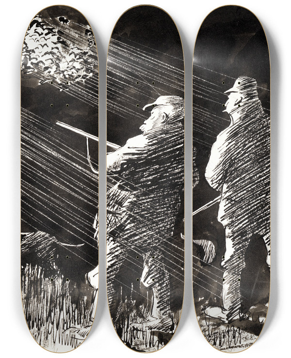 Triptych art skateboard deck of Albert Engstrm Hunting Life by Albert Engstrom (1869-1940)