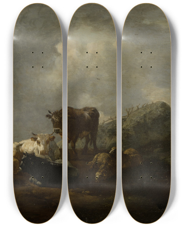 Triptych art skateboard deck of Willem Romeyn Cattle Resting At A River Crossing by Willem Romeyn (1624-1694)