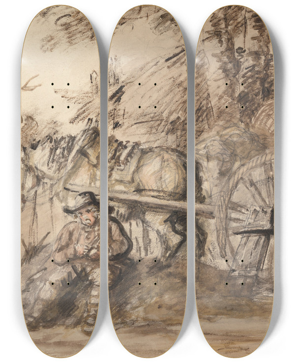 Triptych art skateboard deck of Henry William Bunbury Carter Filling His Pipe by Henry William Bunbury (1750-1811)