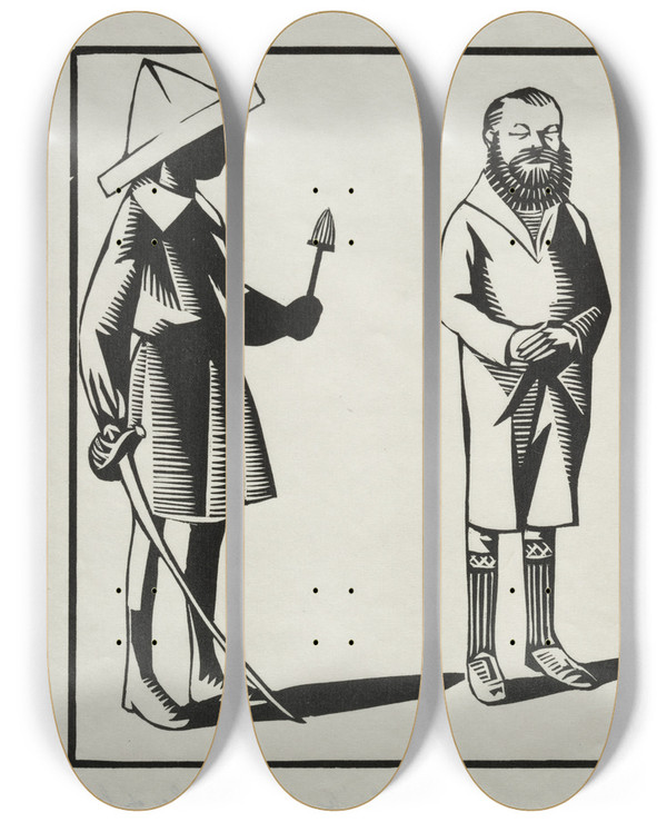 Triptych art skateboard deck of Hermann Paul Moi Je Tiens Le Sabre Et Le Goupillon Toi La Faucille Le Marteau Et Ler Pastel Cest La Barbe by Hermann Paul (1864-1940)