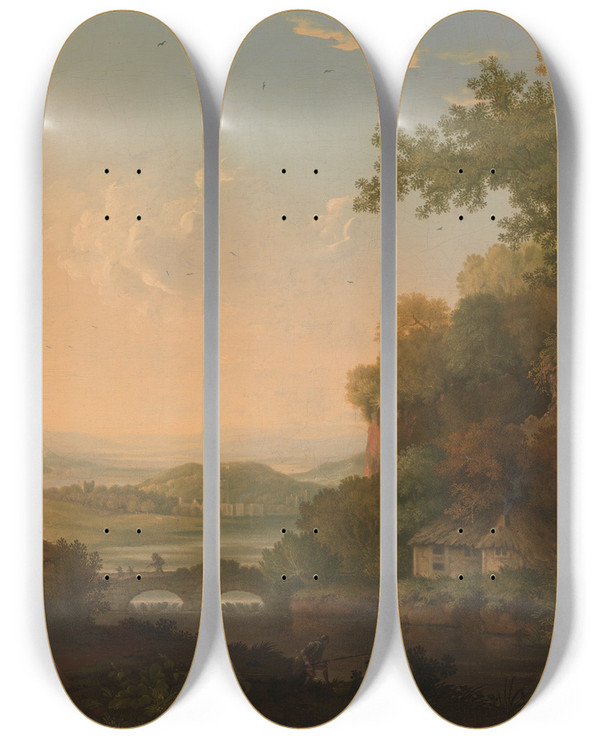 Triptych art skateboard deck of James Lambert Of Lewes A River Scene With Thatched Huts By A Bridge Over A Weir by James Lambert Of Lewes (1725-1788)