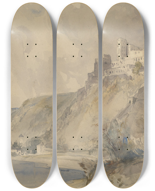 Triptych art skateboard deck of William Callow Rheinfels And St Goar by William Callow (1812-1908)