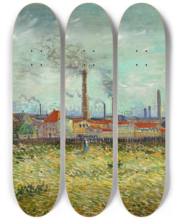 Triptych art skateboard deck of Vincent Van Gogh Factories At Clichy by Vincent van Gogh (1853-1890)