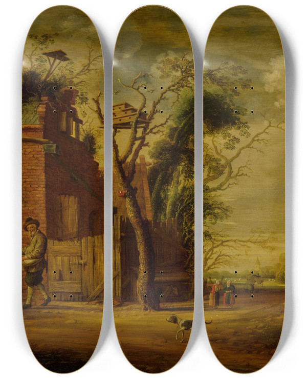 Triptych art skateboard deck of Circle Of Joachim Govertsz Camphuysen Country Landscape With A Hennetaster Before A Cottage With Dovecote by Circle Of Joachim Govertsz Camphuysen (1601-1659)