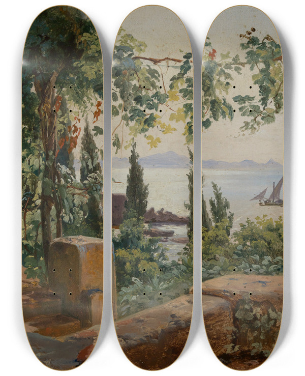 Triptych art skateboard deck of Johann Baptist Kirner Italienische Landschaftsstudie Mit Blick Auf Das Meer by Johann Baptist Kirner (1806-1866)