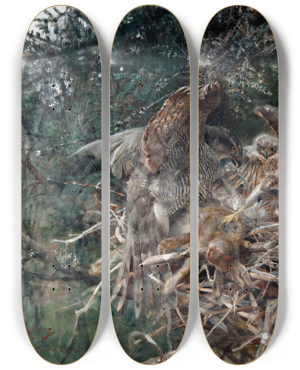 Triptych art skateboard deck of Bruno Liljefors Hawks Nest by Bruno Liljefors (1860-1939)