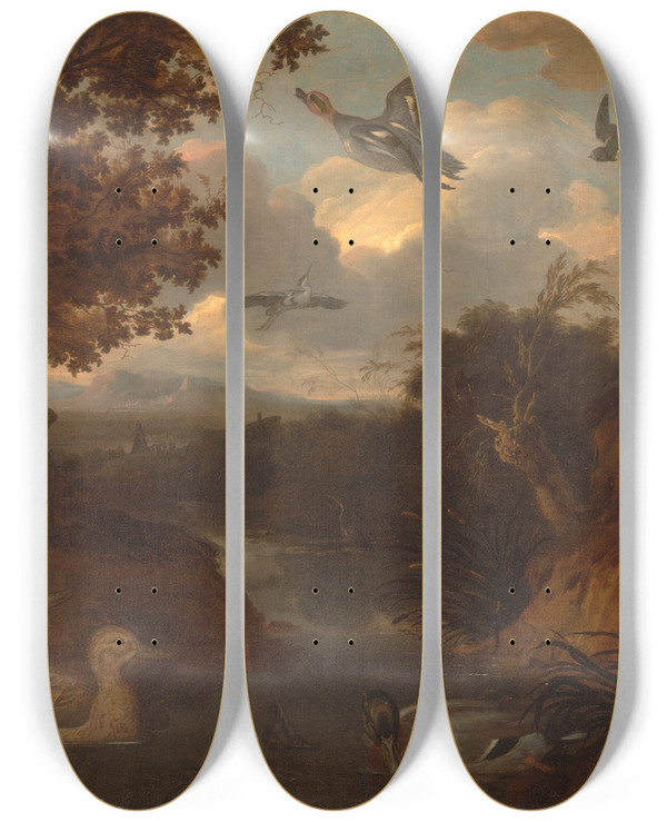 Triptych art skateboard deck of Francis Barlow Ducks And Other Birds About A Stream In An Italianate Landscape by Francis Barlow (1626-1704)