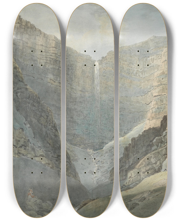 Triptych art skateboard deck of Samuel Davis Rocky Gorge With A Waterfall by Samuel Davis (1757-1819)