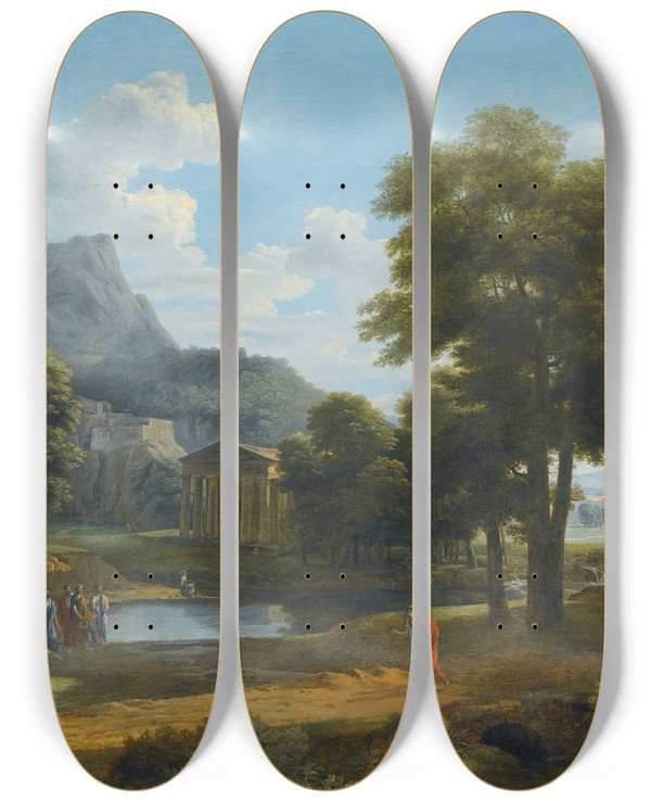 Triptych art skateboard deck of Jeanvictor Bertin Amountainous Landscape With A Viewofpheneos And The Temple Ofminerva Caphyes by Jean Victor Bertin (1767-1842)