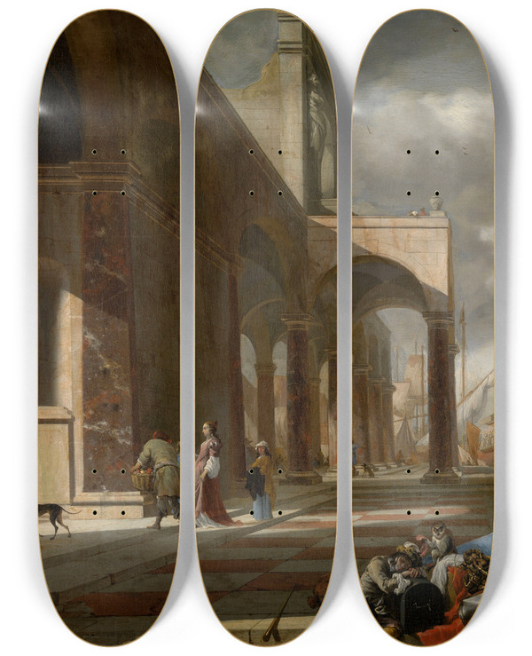 Triptych art skateboard deck of Jan Baptist Weenix An Italian Seaport by Jan Baptist Weenix (1621-1660)