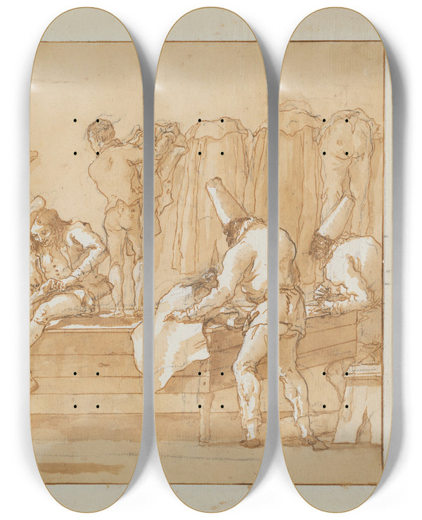Triptych art skateboard deck of Giovanni Domenico Tiepolo Punchinello As Tailors Assistant by Giovanni Domenico Tiepolo (1727-1804)