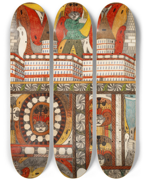 Triptych art skateboard deck of Adolf Wlfli Die Furchtbare Riesenbrunst Deer Riesenstadt Mutterkohrnostwandhall by Adolf Wolfli (1864-1930)