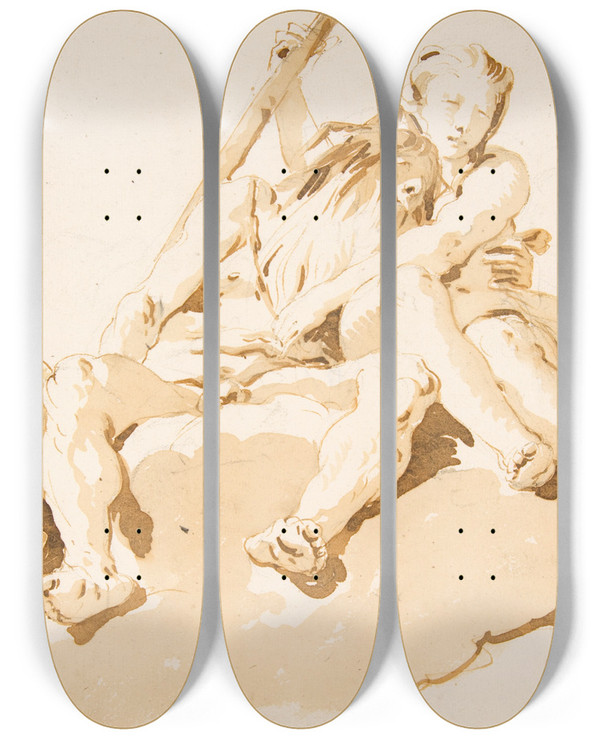 Triptych art skateboard deck of Giovanni Battista Tiepolo Seated River God Nymph With An Oar And Putto by Giovanni Battista Tiepolo (1696-1770)