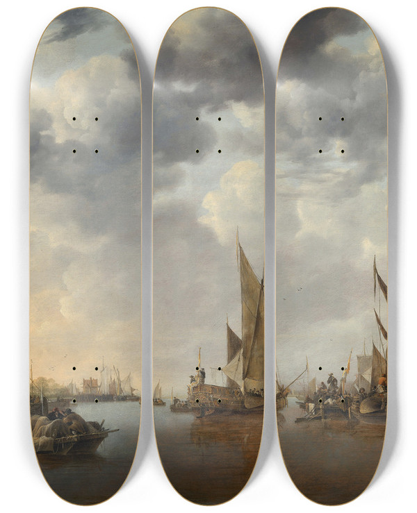 Triptych art skateboard deck of Jan Van De Cappelle Seascape With Ships by Jan van de Cappelle (1626-1679)