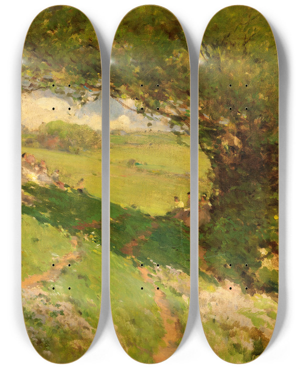 Triptych art skateboard deck of William Henry Holmes The Wanderlusters Rest by William Henry Holmes (1846-1933)