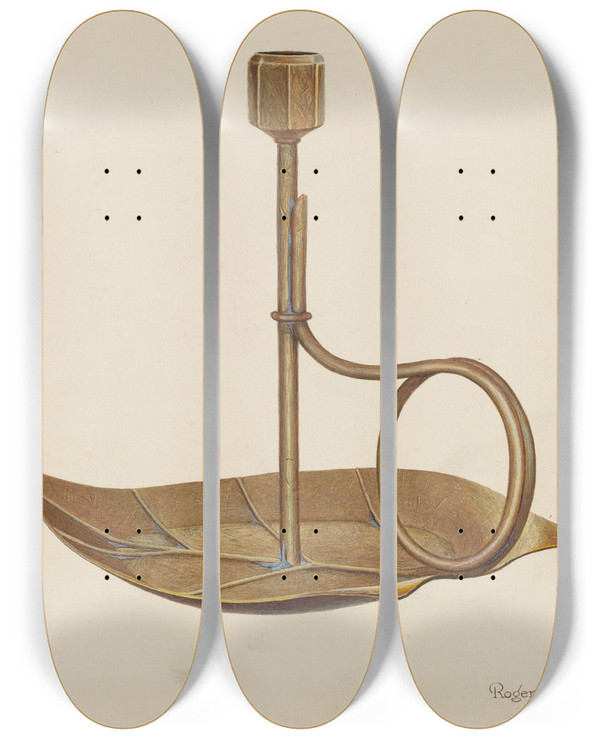 Triptych art skateboard deck of Roger Deats Candlestick by Roger Deats