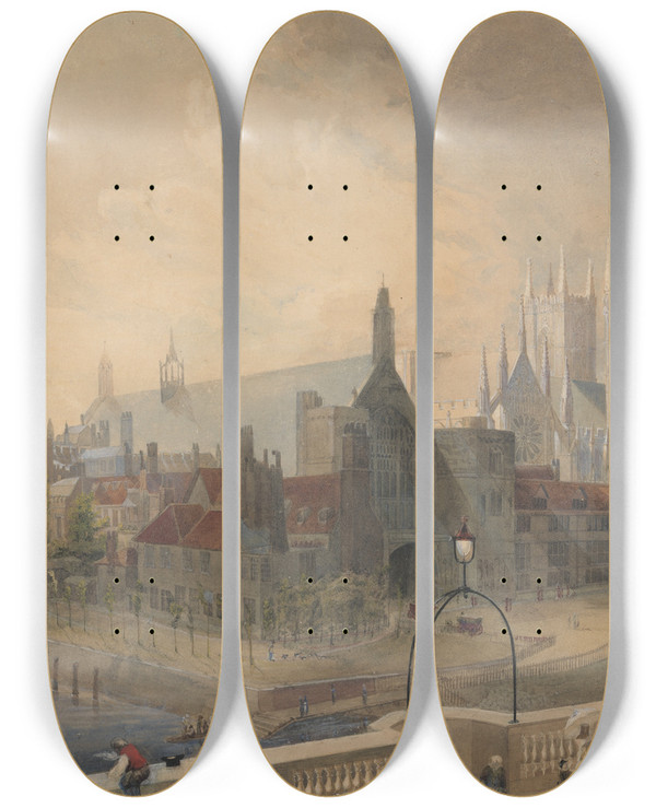 Triptych art skateboard deck of John Gendall View Of Westminster Hall And Abbey From The Bridge by John Gendall (1790-1865)
