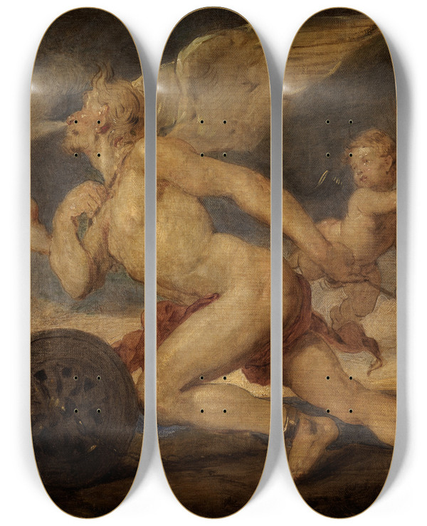 Triptych art skateboard deck of Hans Canon Allegorie Der Dampfkraft by Hans Canon (1829-1885)
