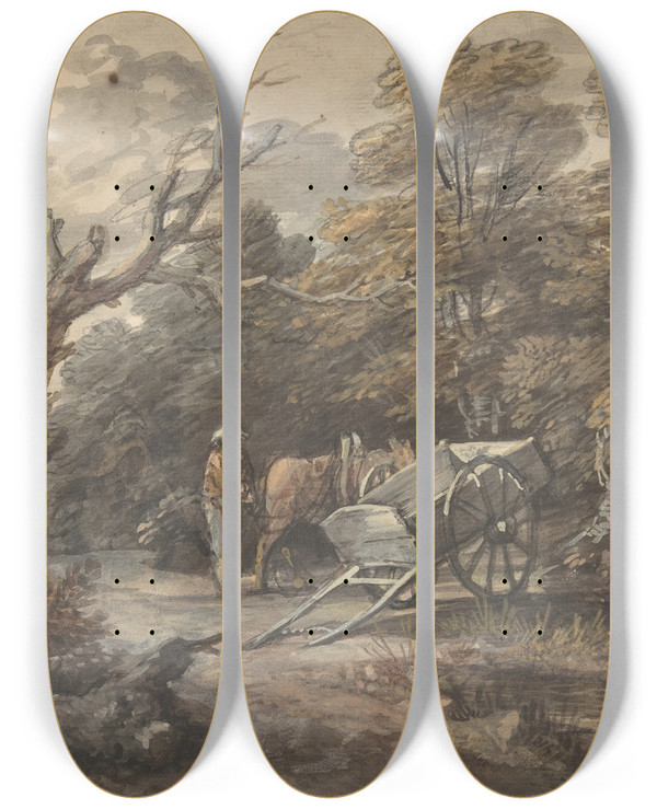 Triptych art skateboard deck of Thomas Gainsborough Woodland Scene With A Peasant A Horse And A Cart by Thomas Gainsborough (1727-1788)