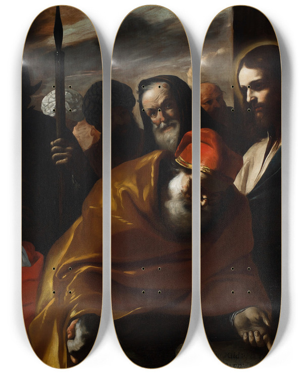 Triptych art skateboard deck of Mattia Preti Christ And The Woman Taken In Adultery_1 by Mattia Preti (1613-1699)