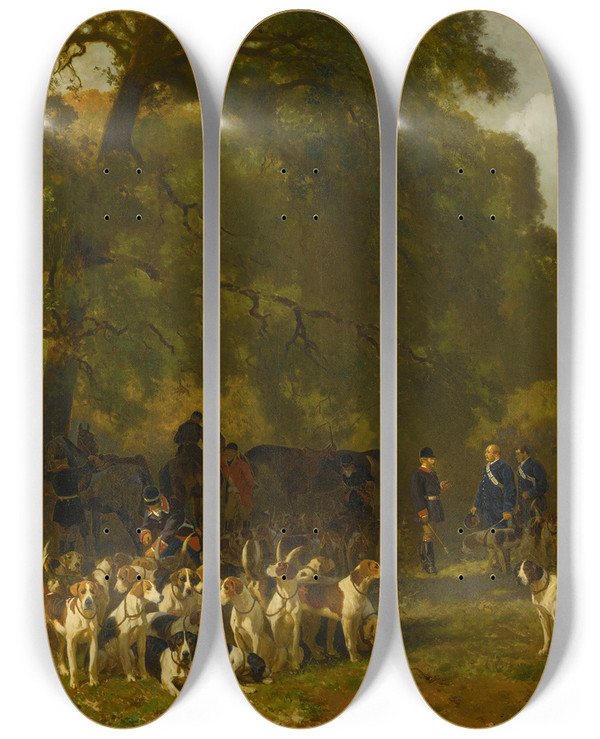 Triptych art skateboard deck of Jules Didier Dpart Pour La Chasse by Jules Didier (1831-1892)