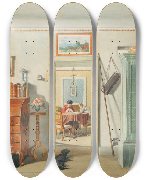 Triptych art skateboard deck of Michael Stohl Interieur by Michael Stohl (1813-1881)