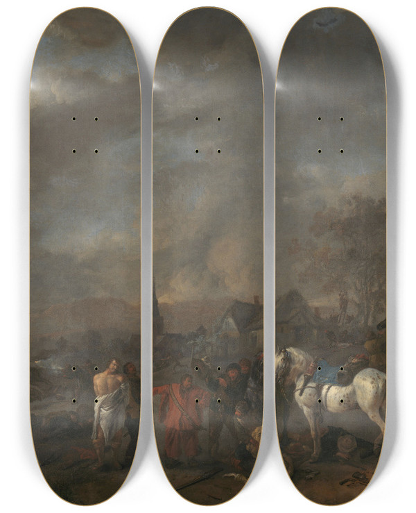 Triptych art skateboard deck of Philips Wouwerman The Victory Of The Peasants by Philips Wouwerman (1619-1668)