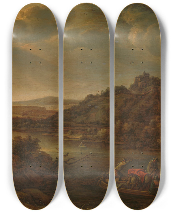 Triptych art skateboard deck of Herman Saftleven River View With Ferry by Herman Saftleven (1609-1685)