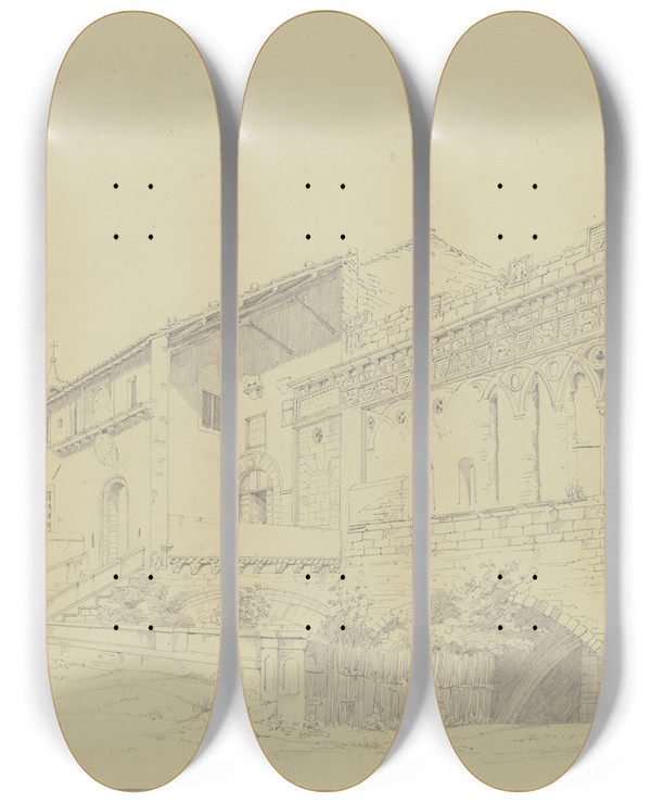 Triptych art skateboard deck of Friedrich Wilhelm Ludwig Der Palazzo Vescovile In Viterbo by Friedrich Wilhelm Ludwig (1828)