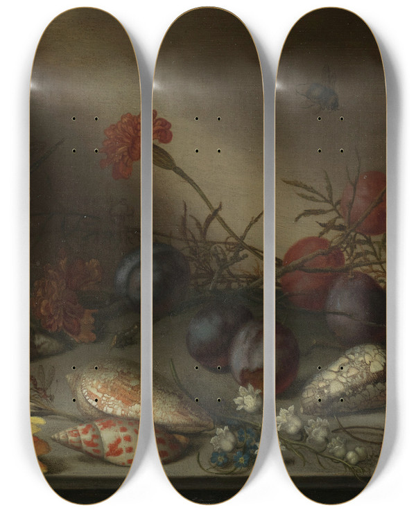 Triptych art skateboard deck of Balthasar Van Der Ast Still Life With Shells Fruit And Flowers by Balthasar Van Der Ast (1593-1657)