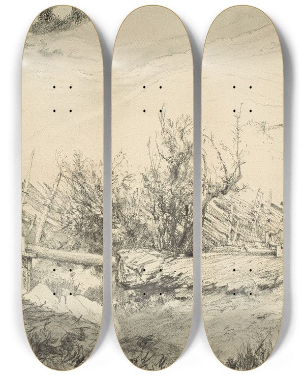 Triptych art skateboard deck of Adolph Von Menzel On The Mountainside by Adolph Von Menzel (1815-1905)