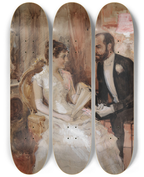 Triptych art skateboard deck of Albert Edelfelt Scene At The Ball by Albert Edelfelt (1854-1905)