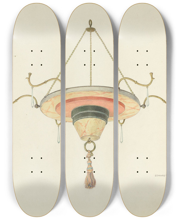 Triptych art skateboard deck of Edward Jewett Chandelier by Edward Jewett (20-)