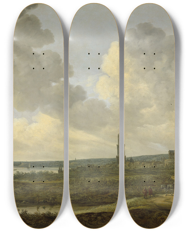 Triptych art skateboard deck of Jan Van Goyen View Of Rhenen by Jan Van Goyen (1596-1656)