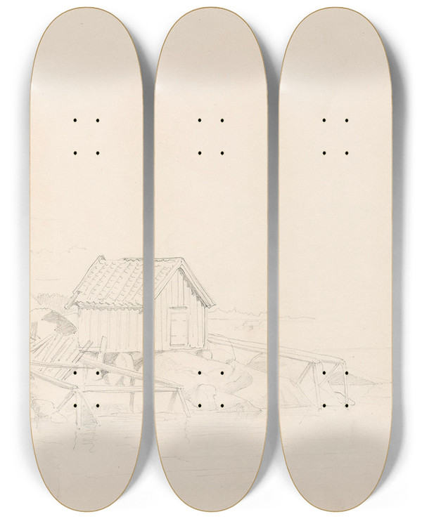 Triptych art skateboard deck of Adolph Tidemand Bthus Nevlunghavn by Adolph Tidemand (1814-1876)
