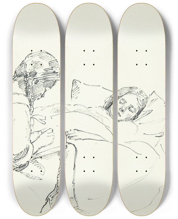 Triptych art skateboard deck of Peter Hansen Lille Pige Lser Hjt For En Syg Kunstnerens Hustru Og Datter by Peter Hansen (1868-1928)