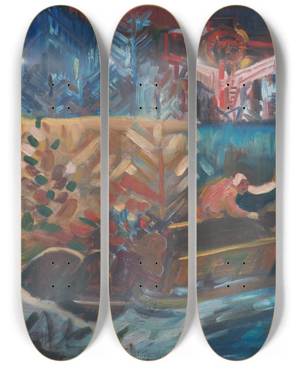 Triptych art skateboard deck of Arnold Peter Weiszkubnan Carrying The Sick_1 by Arnold Peter Weisz-Kubnan (1898-1944)