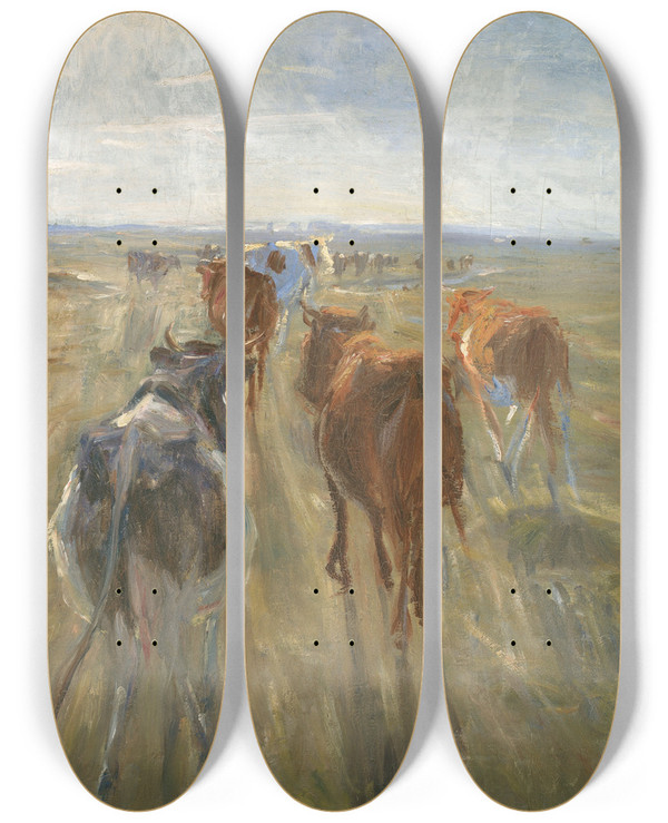 Triptych art skateboard deck of Theodor Philipsen Long Shadows Cattle On The Island Of Saltholm by Theodor Philipsen (1840-1920)