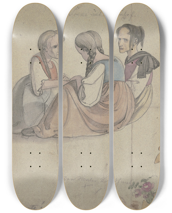 Triptych art skateboard deck of Karl Sandhaas Figurengruppen Und Karikaturen by Karl Sandhaas (1801-1859)