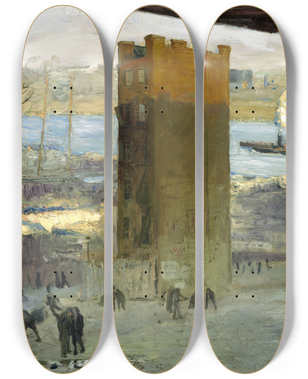 Triptych art skateboard deck of George Wesley Bellows The Lone Tenement by George Wesley Bellows (1882-1925)