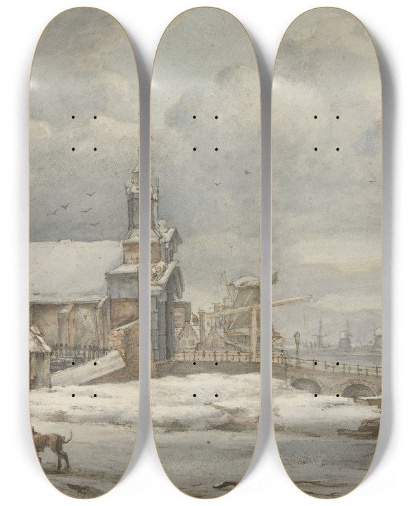 Triptych art skateboard deck of Albertus Brondgeest Gezicht Op De Haarlemmerpoort Te Amsterdam by Albertus Brondgeest (1786-1849)