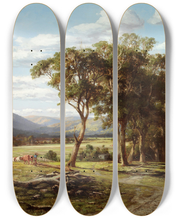 Triptych art skateboard deck of Louis Buvelot At Lilydale by Louis Buvelot (1814-1888)
