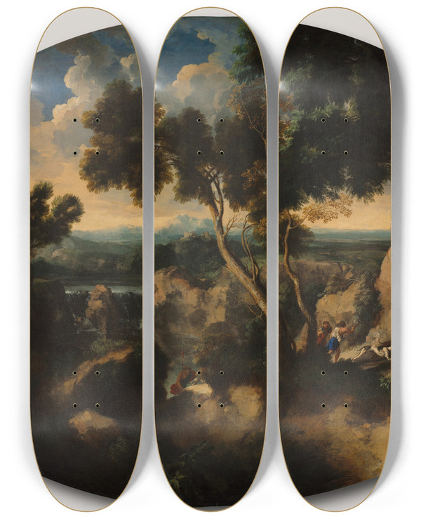 Triptych art skateboard deck of Gaspard Dughet Rocky Landscape With Hunters by Gaspard Dughet (1615-1675)