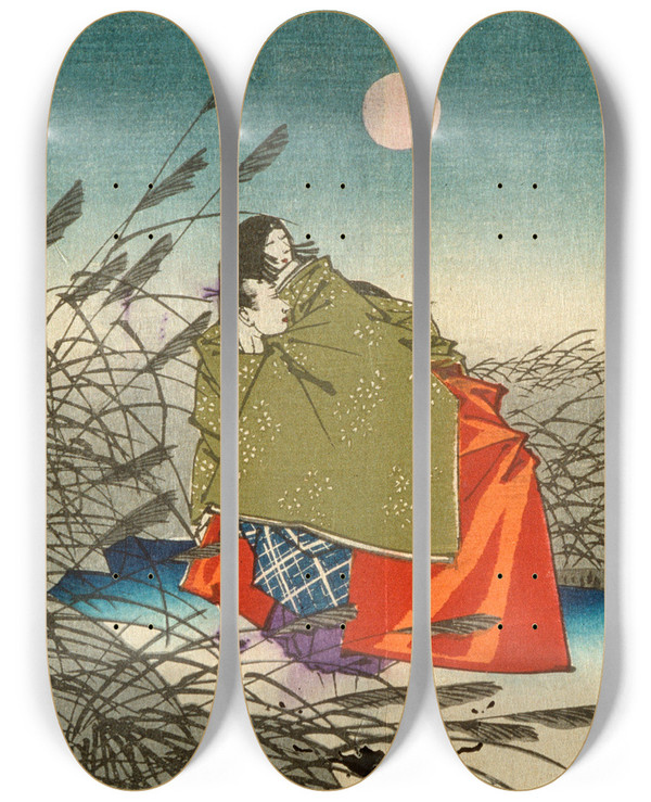 Triptych art skateboard deck of Tsukioka Yoshitoshi Narihira And Nij No Tsubone At The Fuji River by Tsukioka Yoshitoshi (1839-1892)
