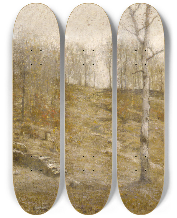 Triptych art skateboard deck of Bruce Crane December Uplands by Bruce Crane (1857-1937)