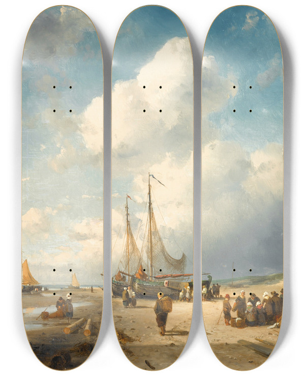 Triptych art skateboard deck of Charles Leickert Coastal Scene With Fisherfolk by Charles Leickert (1816-1907)