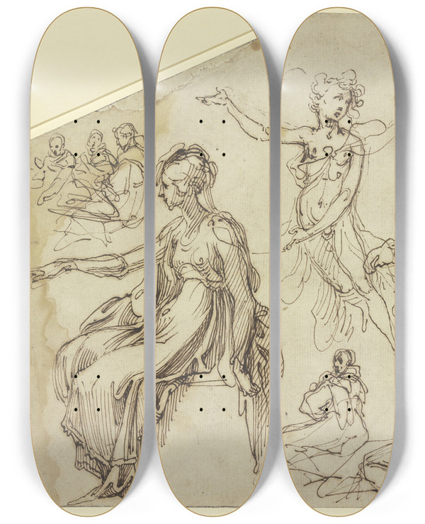 Triptych art skateboard deck of Francesco Vanni Studienblatt Zehn Figuren Und Ein Lwe by Francesco Vanni (1563-1610)