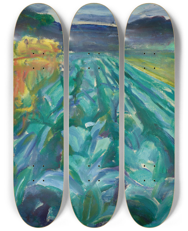 Triptych art skateboard deck of Edvard Munch Cabbage Field by Edvard Munch (1863-1944)